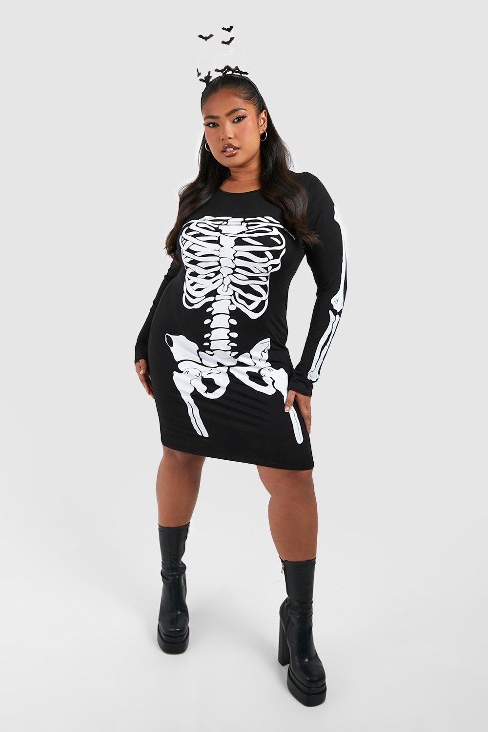 Ladies Womens Halloween Black Skeleton Skull Bones Midi Tunic Bodycon Dress 